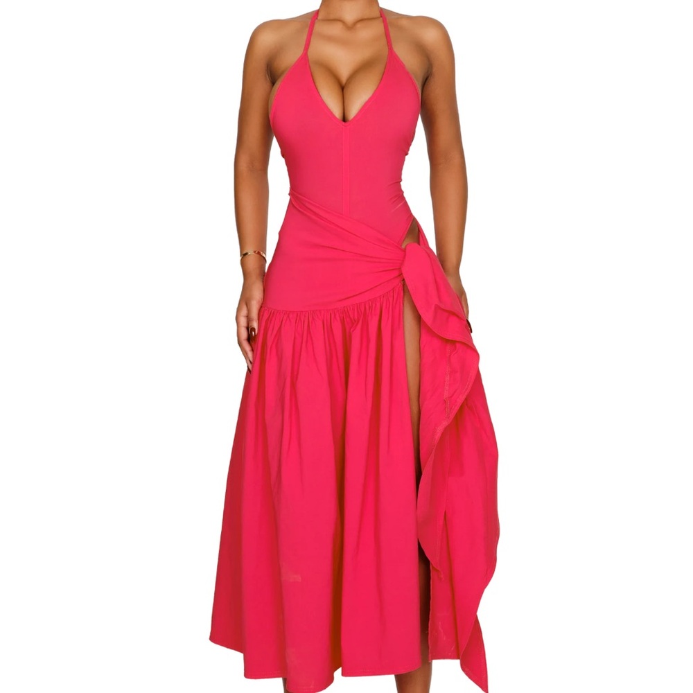 Coucoo - Chic Halter High Low Dress in Vibrant Pink